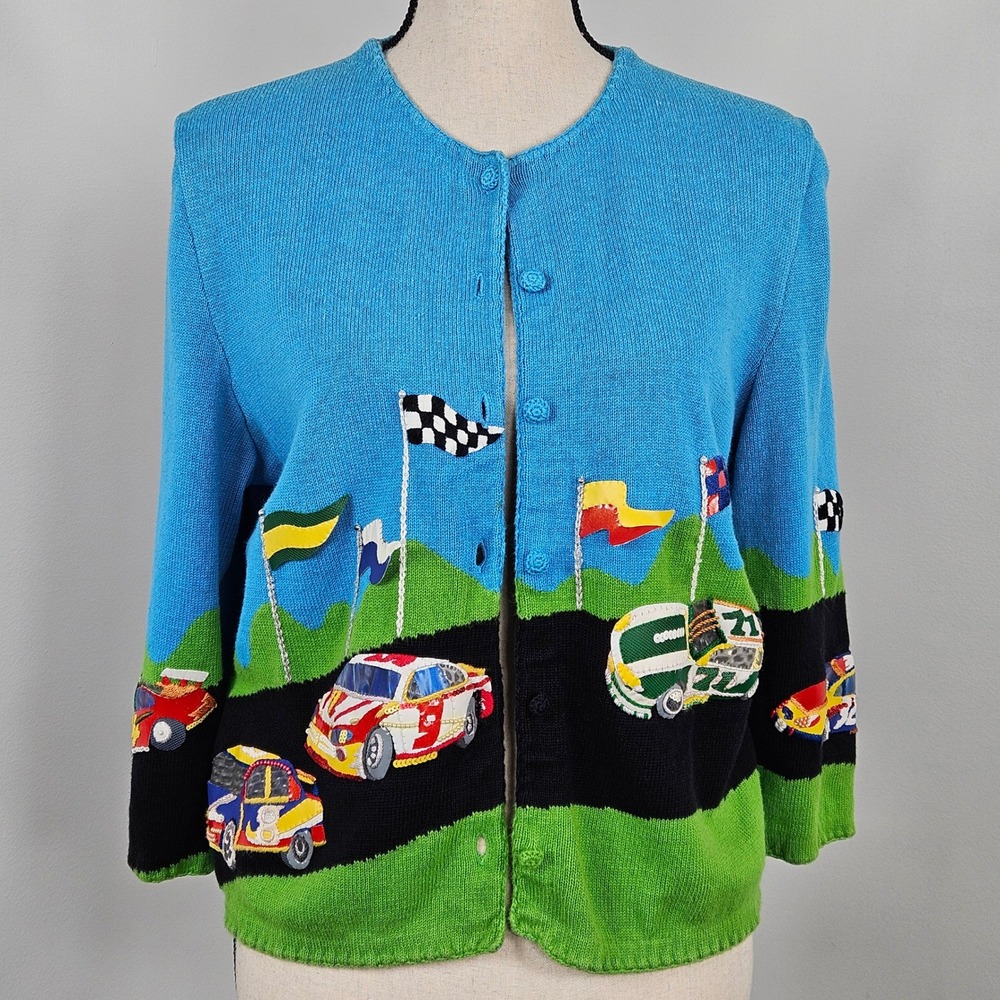 Vintage Michael Event Simon Race Car Cardigan Women L Blue 2001 Novelty FLAW